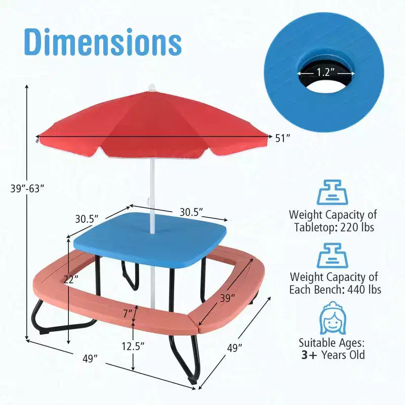 Table de pique-nique pour enfants Costway avec parasol réglable et pliable Bleu/Blanc/Marron