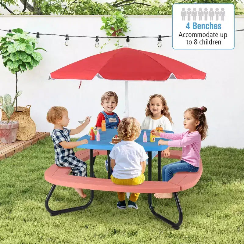 Table de pique-nique pour enfants Costway avec parasol réglable et pliable Bleu/Blanc/Marron