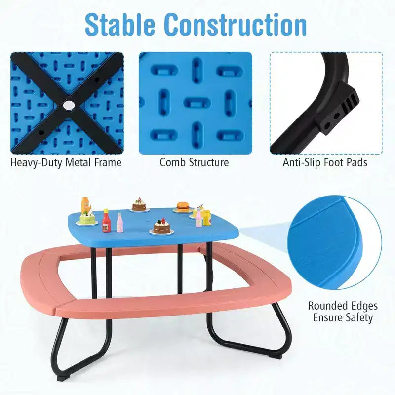 Table de pique-nique pour enfants Costway avec parasol réglable et pliable Bleu/Blanc/Marron