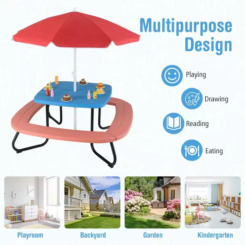 Table de pique-nique pour enfants Costway avec parasol réglable et pliable Bleu/Blanc/Marron