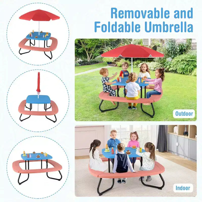 Table de pique-nique pour enfants Costway avec parasol réglable et pliable Bleu/Blanc/Marron