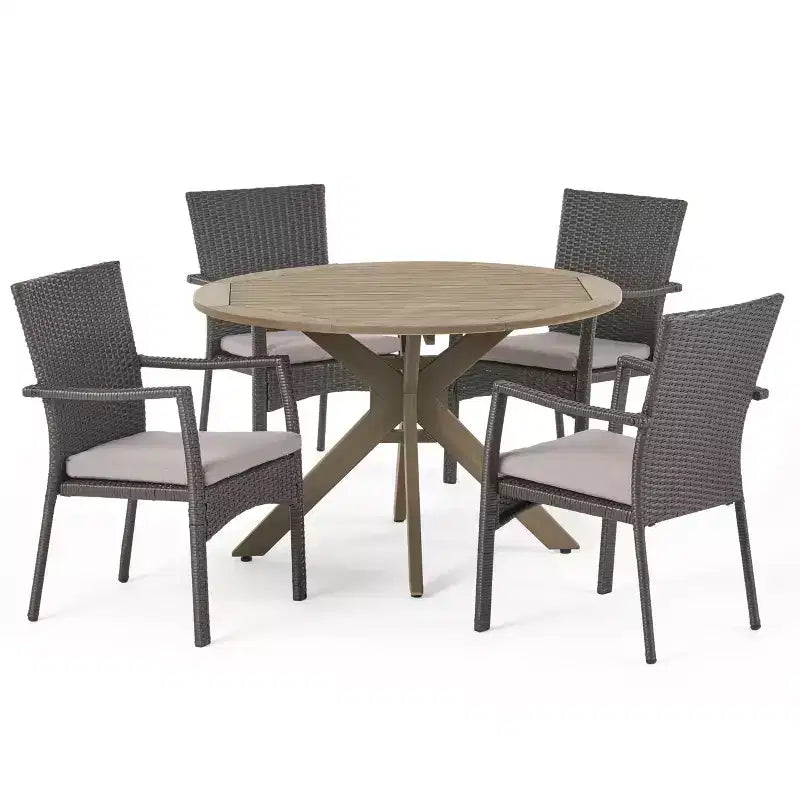 Ensemble de salle à manger GDFStudio Tara d'extérieur 5 pièces en osier et bois d'acacia avec coussins