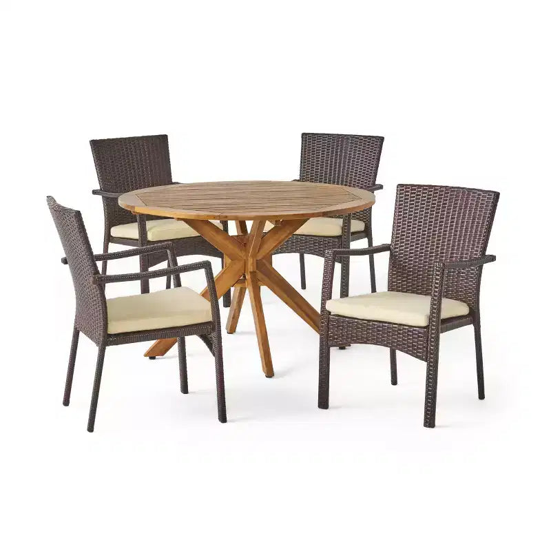 Ensemble de salle à manger GDFStudio Tara d'extérieur 5 pièces en osier et bois d'acacia avec coussins