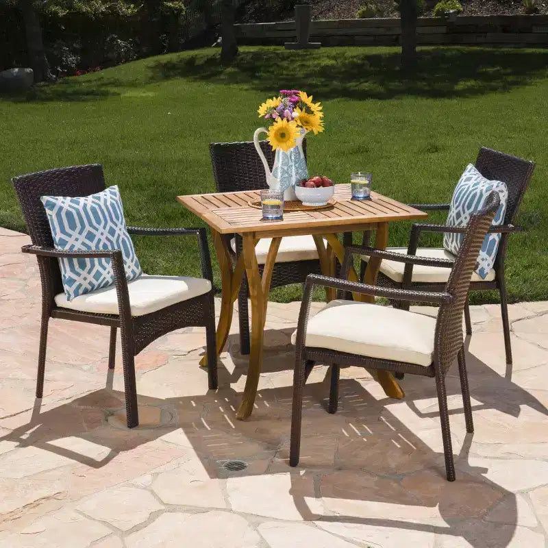 Christopher Knight Home Ferris Outdoor Acacia Wood and Wicker 5 Piece Dining Set with Cushions