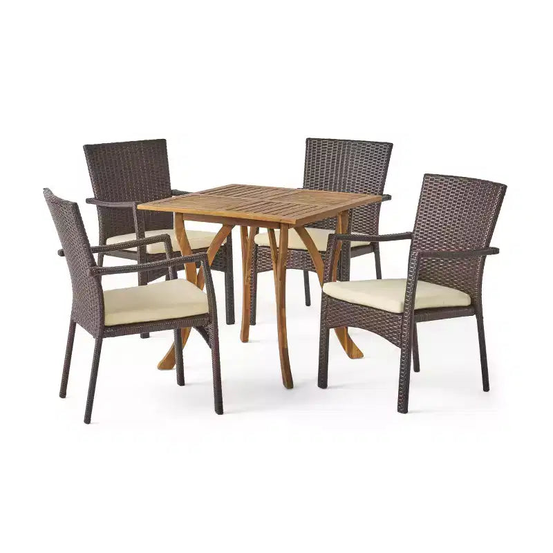 Christopher Knight Home Ferris, ensemble de salle à manger d'extérieur 5 pièces en bois d'acacia et osier avec coussins