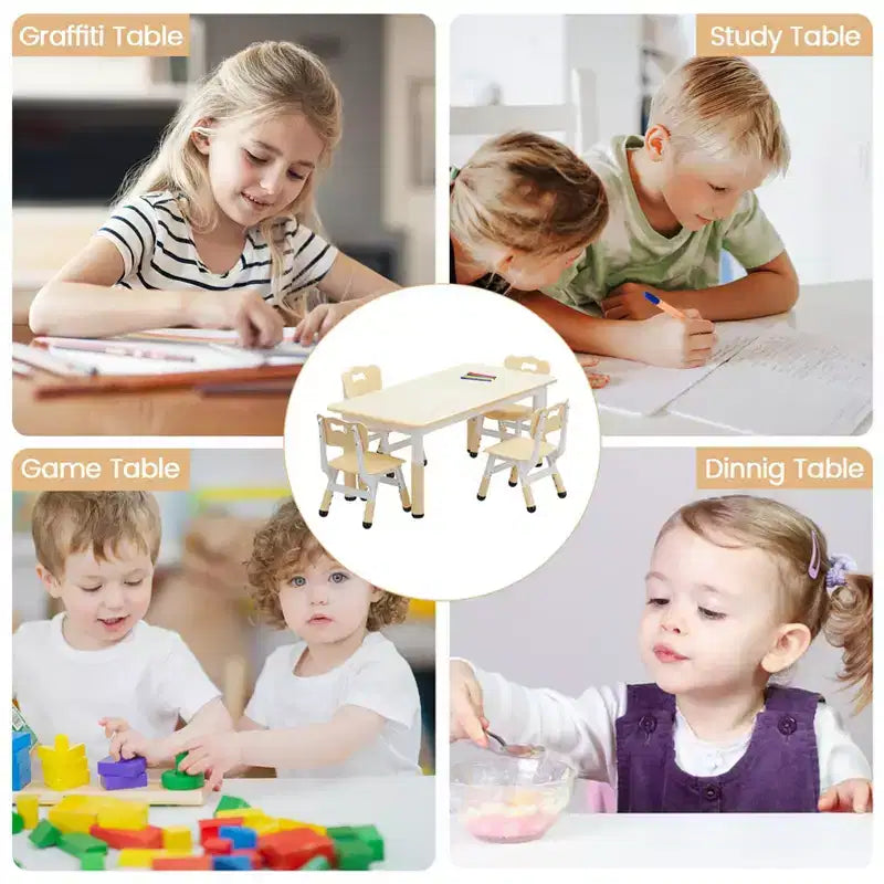 Ensemble Table et 4 Chaises pour Enfants, Ensemble Table et Chaises pour Tout-petits Réglable en Hauteur, Dessus de Table Anti-graffiti, Table Multi-activités pour Enfants pour 4