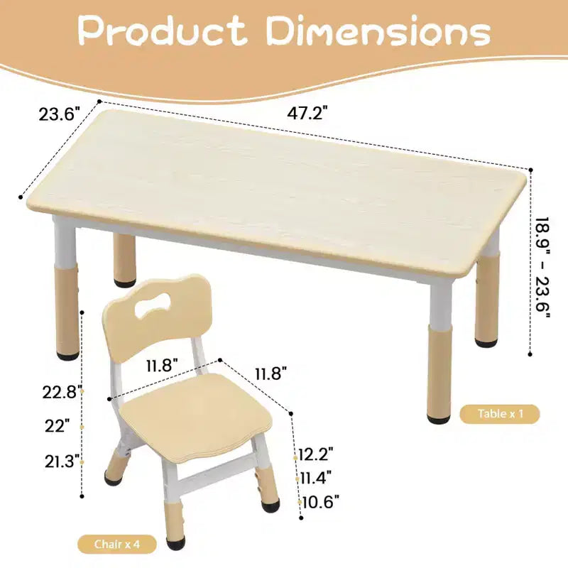 Ensemble Table et 4 Chaises pour Enfants, Ensemble Table et Chaises pour Tout-petits Réglable en Hauteur, Dessus de Table Anti-graffiti, Table Multi-activités pour Enfants pour 4