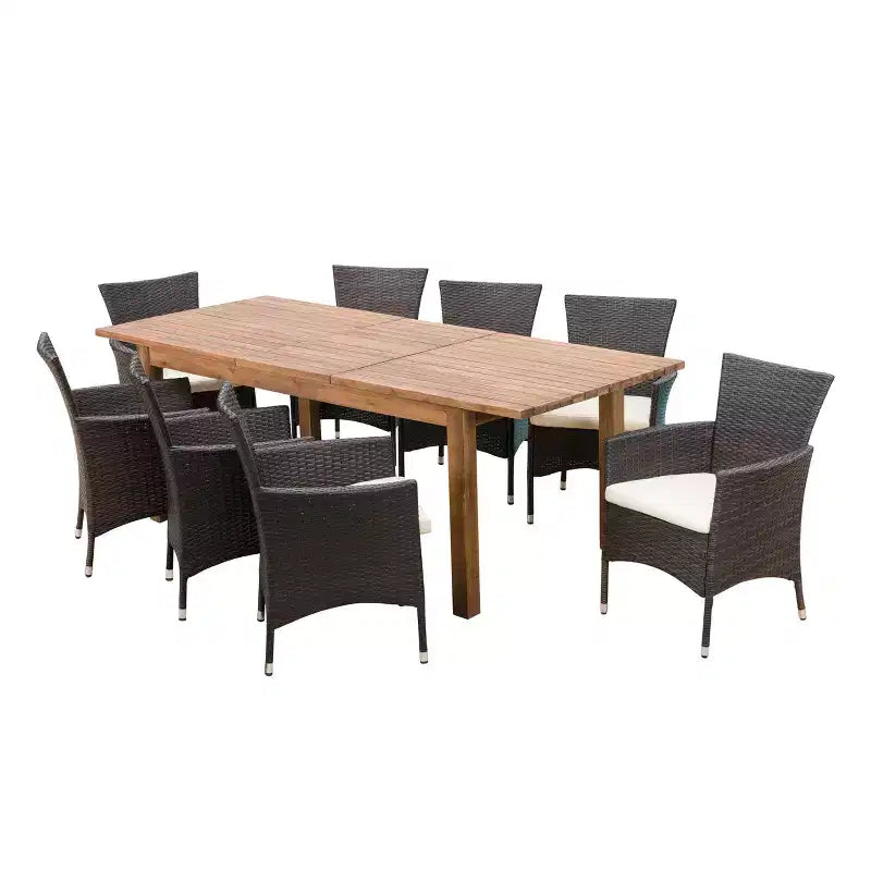 GDFStudio Kenerson Ensemble de salle à manger d'extérieur 9 pièces en osier et bois d'acacia avec table à manger extensible, teck/marron multicolore