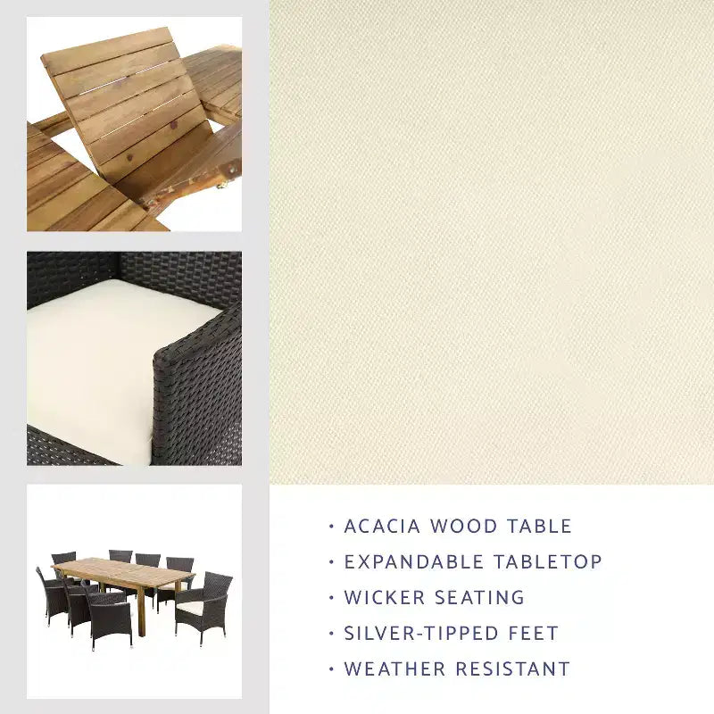 GDFStudio Kenerson Ensemble de salle à manger d'extérieur 9 pièces en osier et bois d'acacia avec table à manger extensible, teck/marron multicolore
