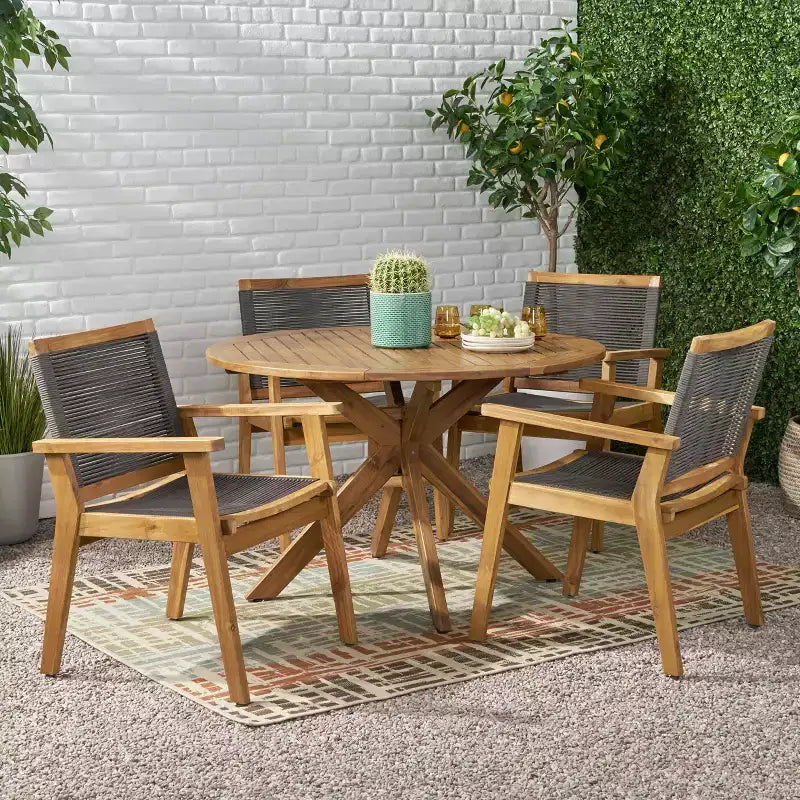 GDFStudio Specter Outdoor Acacia Wood and Rope 5 Piece Dining Set, Teak/Dark Gray