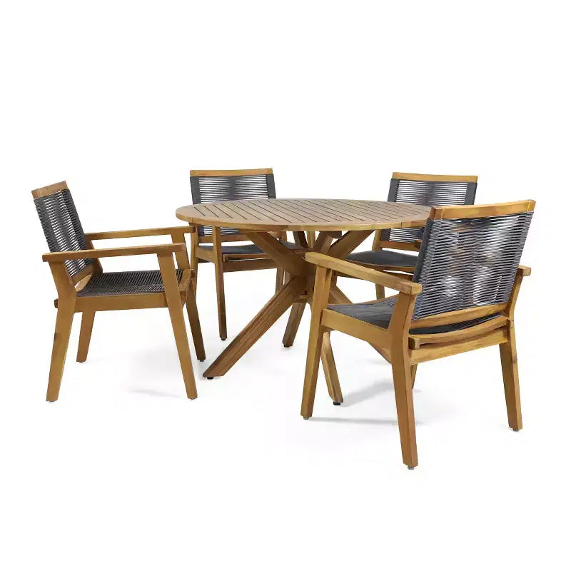 GDFStudio Specter Ensemble de salle à manger 5 pièces en bois d'acacia et corde d'extérieur, teck/gris foncé