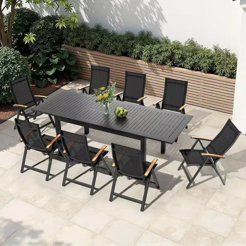 Crestlive Products 9pc Patio Expandable Dining Set Aluminum Outdoor 94.5'' Rectangular Table for 6 to 8 with Folding Chairs