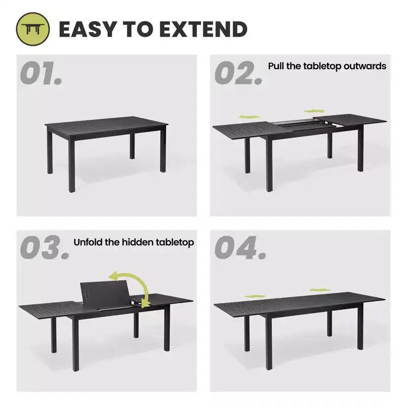 Ensemble de salle à manger extensible 9 pièces Crestlive Products – Table rectangulaire d'extérieur en aluminium 94,5 po pour 6 à 8 personnes avec chaises pliantes