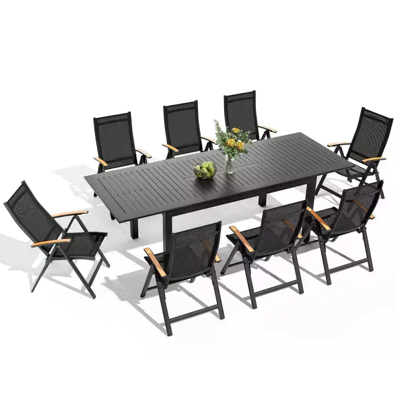 Ensemble de salle à manger extensible 9 pièces Crestlive Products – Table rectangulaire d'extérieur en aluminium 94,5 po pour 6 à 8 personnes avec chaises pliantes