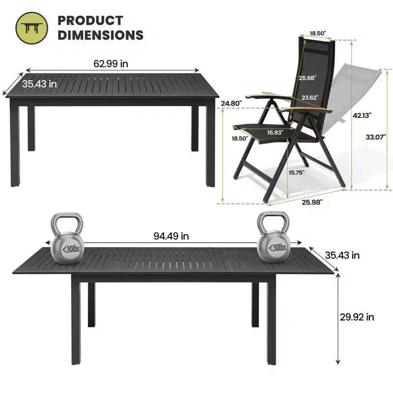 Ensemble de salle à manger extensible 9 pièces Crestlive Products – Table rectangulaire d'extérieur en aluminium 94,5 po pour 6 à 8 personnes avec chaises pliantes