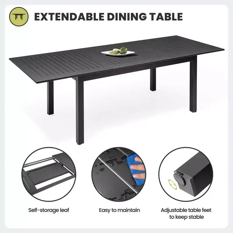 Ensemble de salle à manger extensible 9 pièces Crestlive Products – Table rectangulaire d'extérieur en aluminium 94,5 po pour 6 à 8 personnes avec chaises pliantes