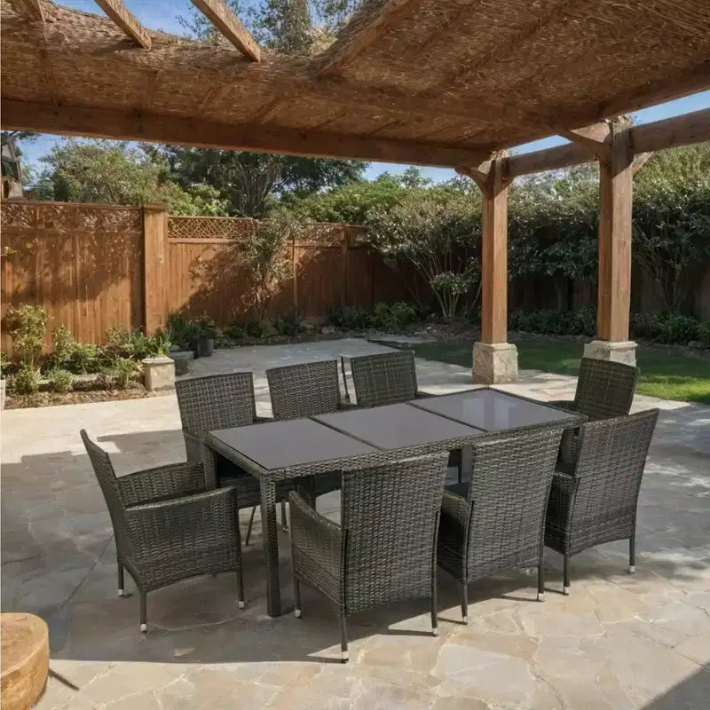 Whisen 9-Piece Wicker Patio Dining Set with Glass Top