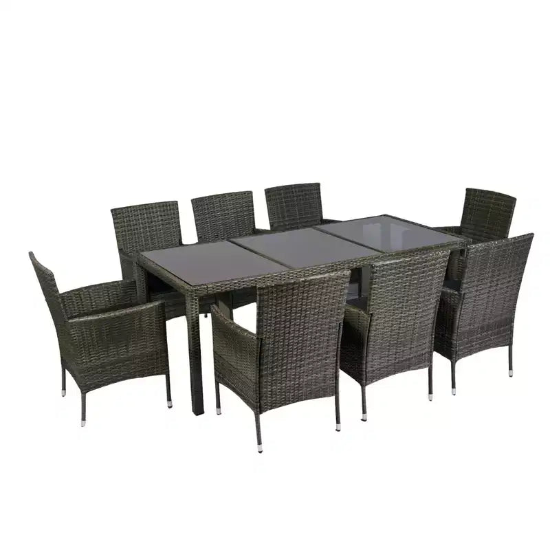 Ensemble de salle à manger Whisen 9 pièces en osier pour terrasse avec plateau en verre