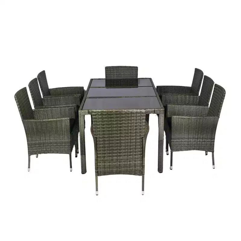 Ensemble de salle à manger Whisen 9 pièces en osier pour terrasse avec plateau en verre