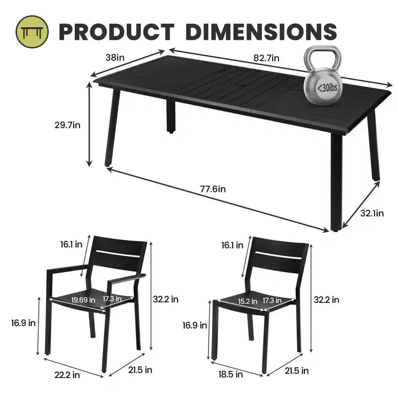 Crestlive Products Ensemble de salle à manger de patio en aluminium 7 pièces Table de 210 cm et 6 chaises Plateau de table en aluminium noir pour extérieur piscine pelouse