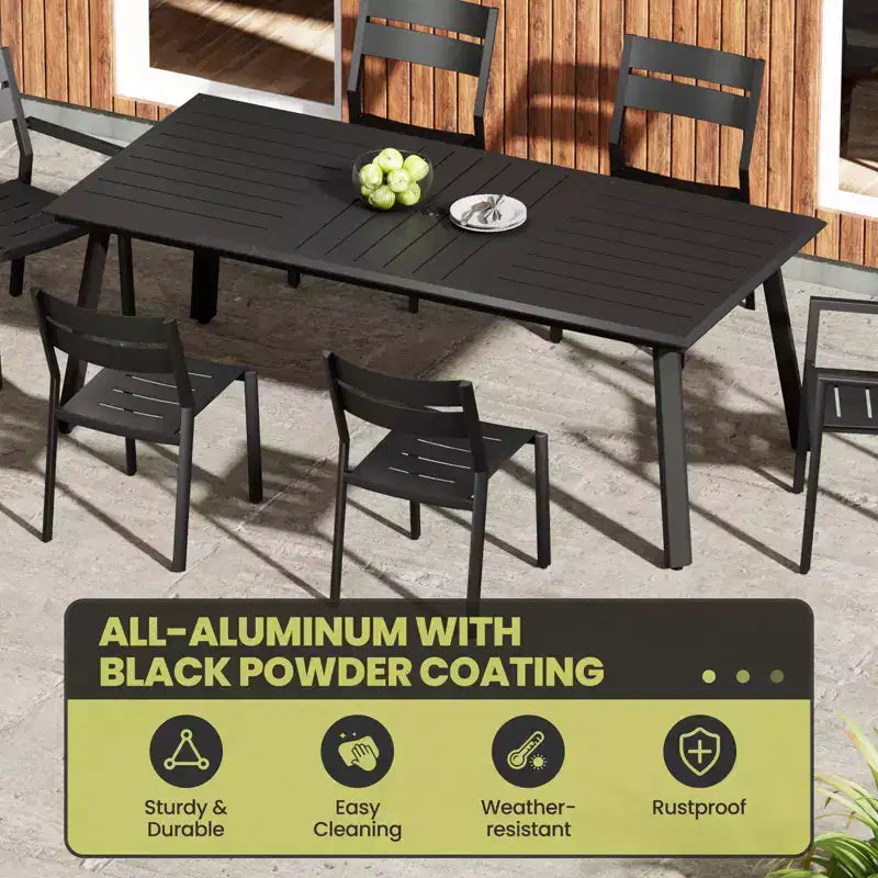 Crestlive Products Ensemble de salle à manger de patio en aluminium 7 pièces Table de 210 cm et 6 chaises Plateau de table en aluminium noir pour extérieur piscine pelouse