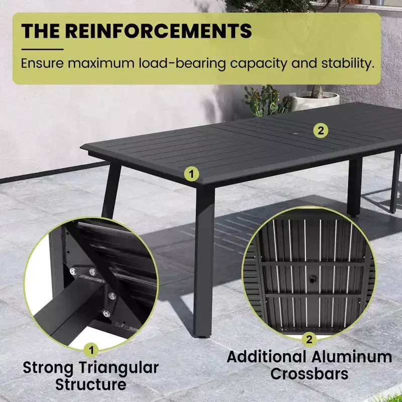 Crestlive Products Ensemble de salle à manger de patio en aluminium 7 pièces Table de 210 cm et 6 chaises Plateau de table en aluminium noir pour extérieur piscine pelouse