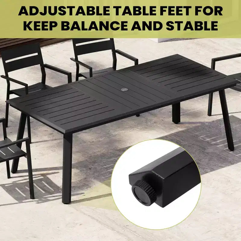 Crestlive Products Ensemble de salle à manger de patio en aluminium 7 pièces Table de 210 cm et 6 chaises Plateau de table en aluminium noir pour extérieur piscine pelouse