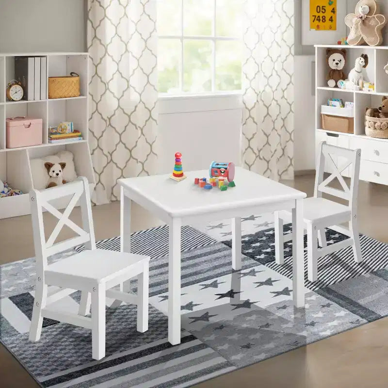 eHemco Table et Chaises X-Back pour Enfants en Bois Massif, Lot de 3 Pièces