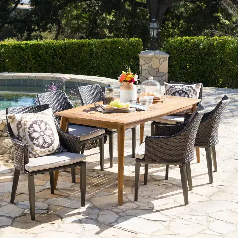 Christopher Knight Home Axel Outdoor Wicker and Acacia Wood 7 Piece Dining Set with Cushion, Teak/Multibrown