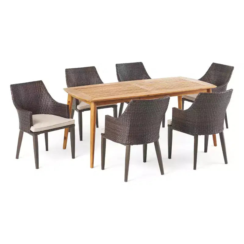 Christopher Knight Home Axel Ensemble de salle à manger d'extérieur 7 pièces en osier et bois d'acacia avec coussin, teck/brun multicolore