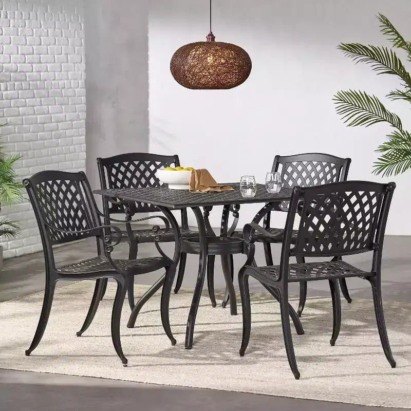 Christopher Knight Home Hallandale, ensemble de salle à manger d'extérieur 5 pièces en fonte d'aluminium, noir mat antique