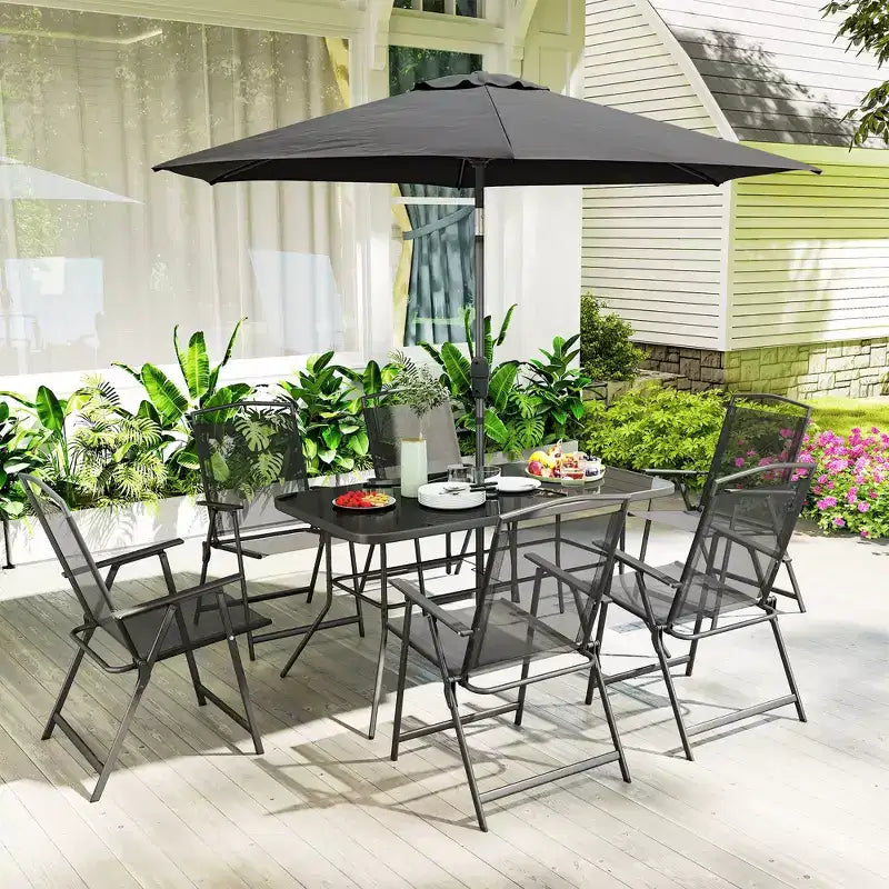 Ensemble de salle à manger Outsunny 8 pièces pour patio avec parasol, 6 chaises pliantes et table à manger rectangulaire, ensemble de mobilier de jardin, noir