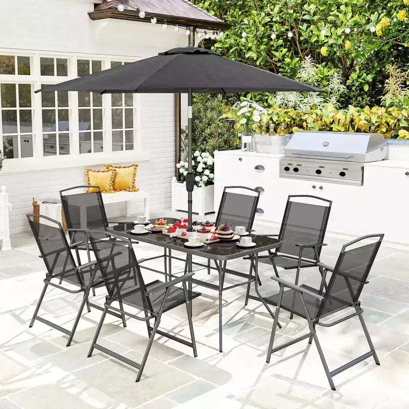 Ensemble de salle à manger Outsunny 8 pièces pour patio avec parasol, 6 chaises pliantes et table à manger rectangulaire, ensemble de mobilier de jardin, noir