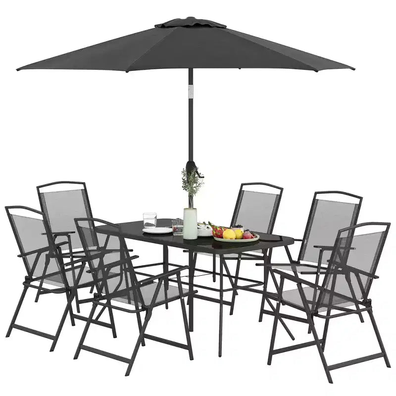 Ensemble de salle à manger Outsunny 8 pièces pour patio avec parasol, 6 chaises pliantes et table à manger rectangulaire, ensemble de mobilier de jardin, noir
