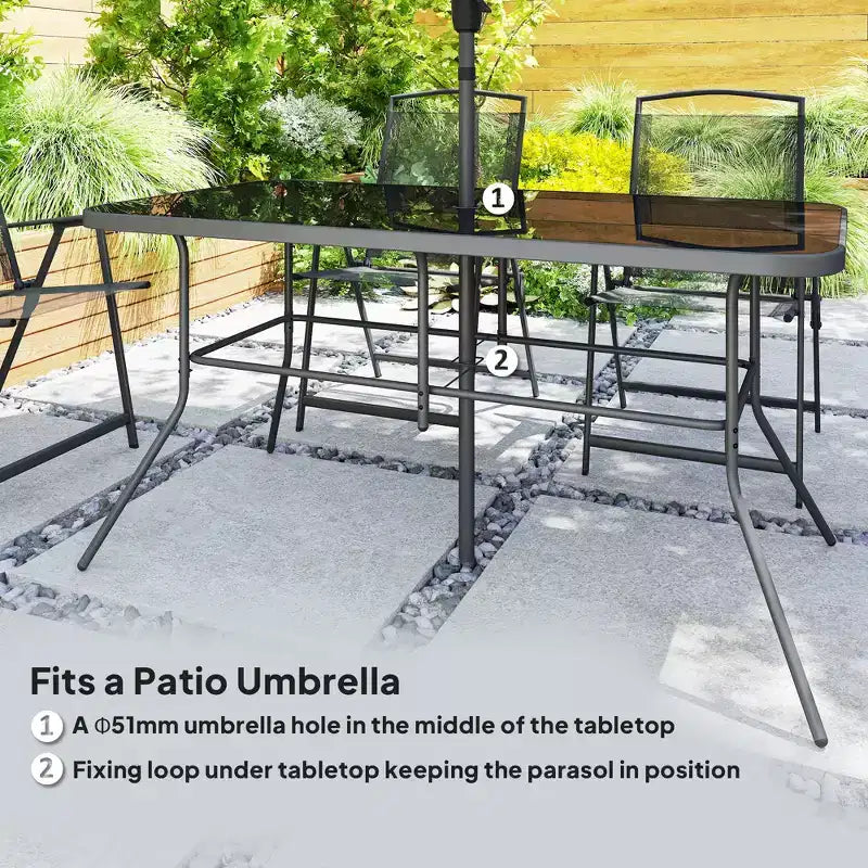 Ensemble de salle à manger Outsunny 8 pièces pour patio avec parasol, 6 chaises pliantes et table à manger rectangulaire, ensemble de mobilier de jardin, noir