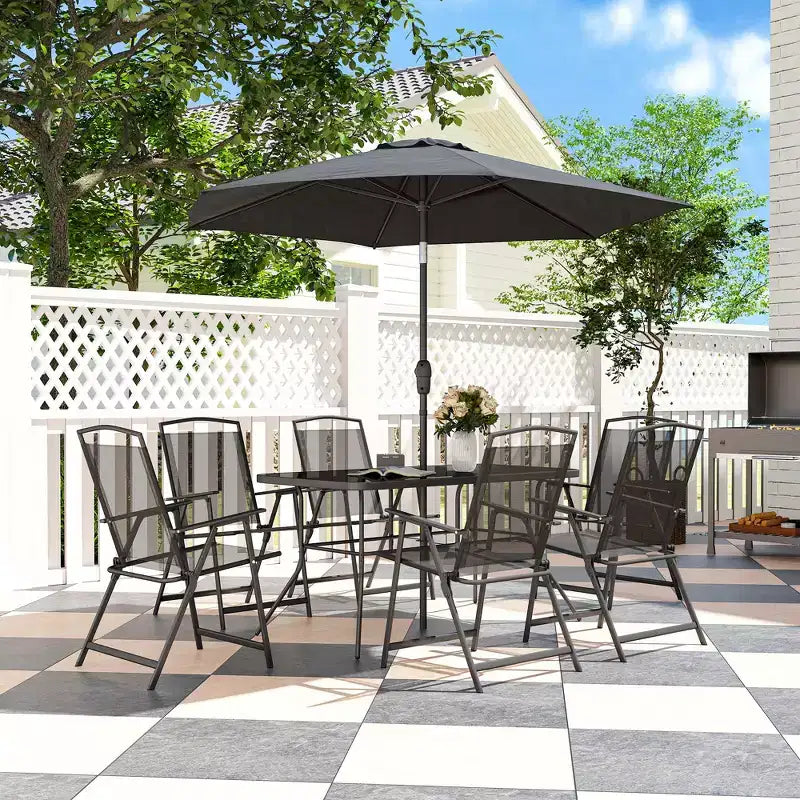 Ensemble de salle à manger Outsunny 8 pièces pour patio avec parasol, 6 chaises pliantes et table à manger rectangulaire, ensemble de mobilier de jardin, noir