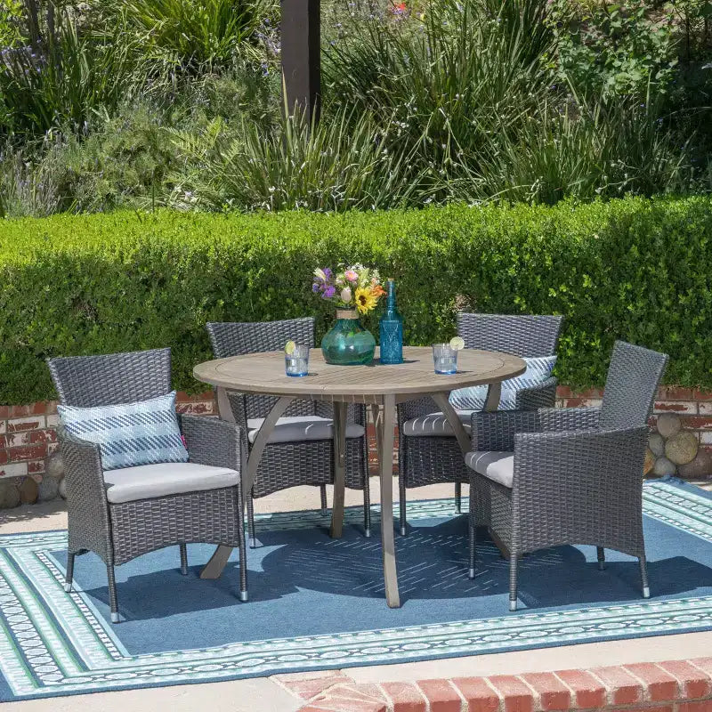 Christopher Knight Home Albury Outdoor Acacia Wood and Wicker 5 Piece Dining Set with Cushion