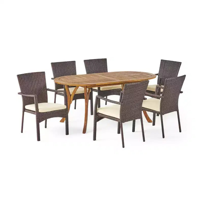 Christopher Knight Home Klondike Ensemble de salle à manger 7 pièces en bois d'acacia et osier avec coussins