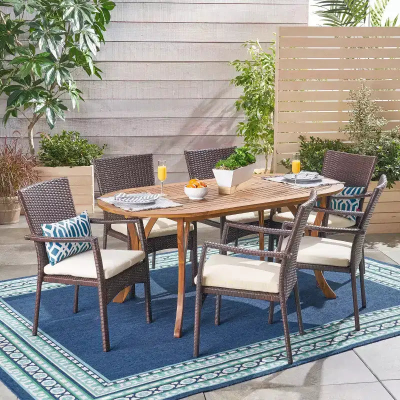Christopher Knight Home Klondike Outdoor Acacia Wood and Wicker 7 Piece Dining Set with Cushions