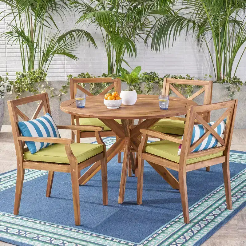 Christopher Knight Home Llano Ensemble de salle à manger 5 pièces en bois d'acacia d'extérieur avec coussin résistant à l'eau