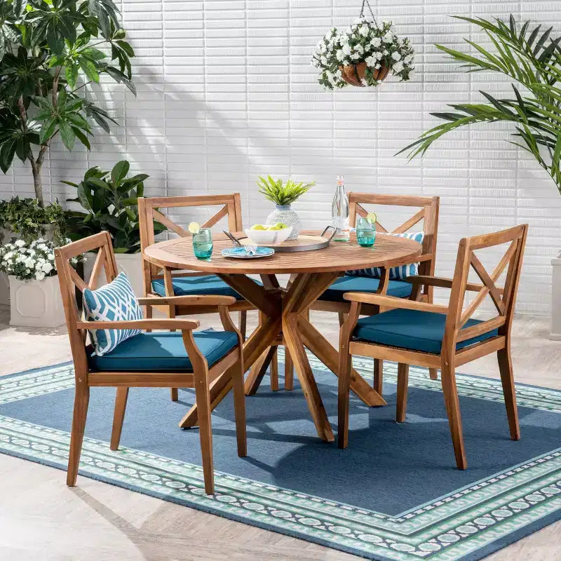Christopher Knight Home Llano Outdoor Acacia Wood 5 Piece Dining Set with Water Resistant Cushion