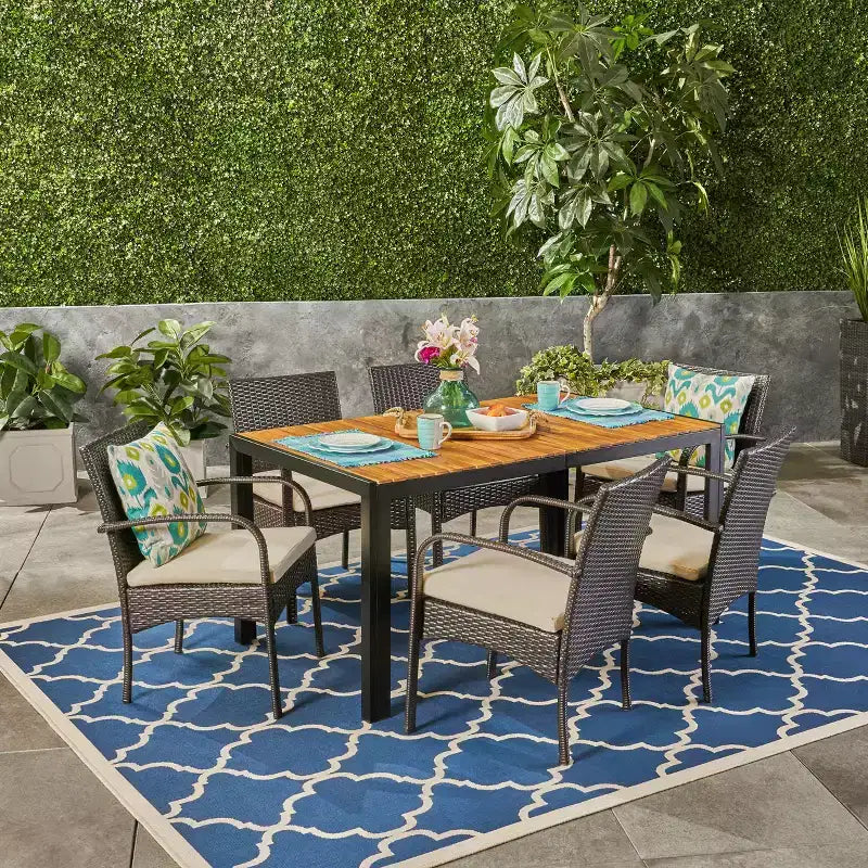 Christopher Knight Home Sere Outdoor Acacia Wood and Wicker 7 Piece Dining Set with Cushion, Brown/Cream
