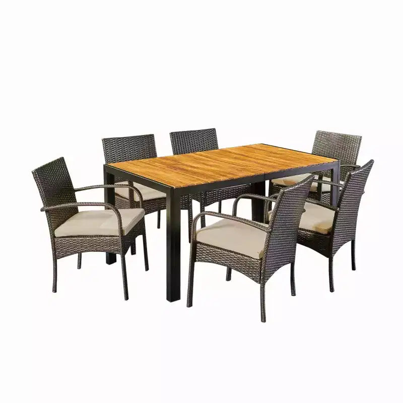 Christopher Knight Home Sere Ensemble de salle à manger d'extérieur 7 pièces en bois d'acacia et osier avec coussins, marron/crème
