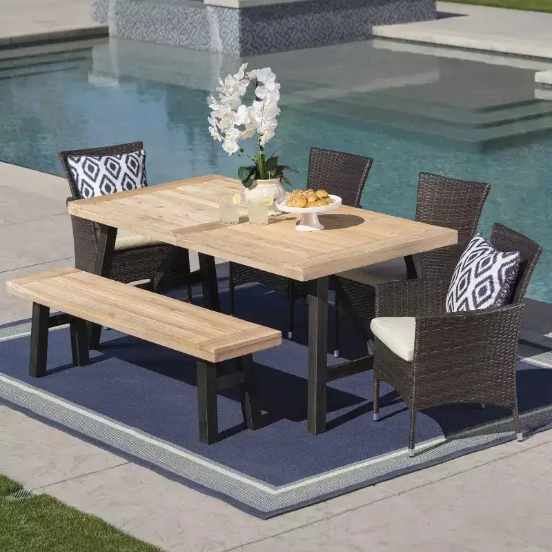 GDFStudio Bruna Outdoor Wicker and Acacia Wood 6 Piece Dining Set with Bench, Brushed Gray/Multibrown