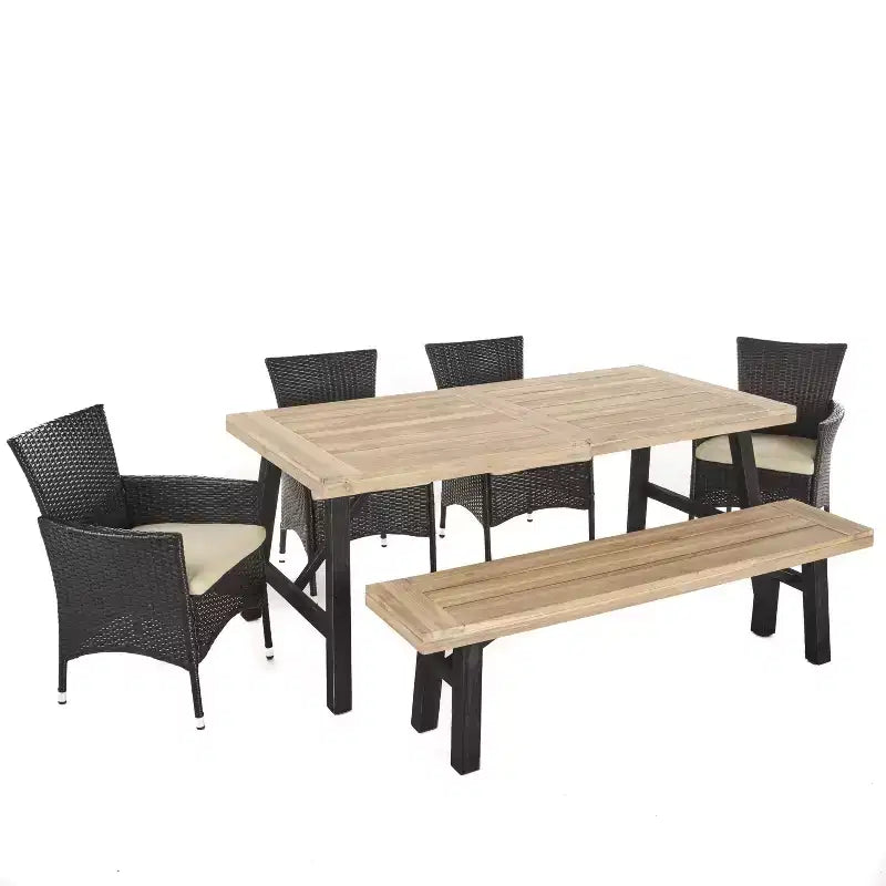 GDFStudio Bruna Ensemble de salle à manger d'extérieur 6 pièces en osier et bois d'acacia avec banc, gris brossé/marron multicolore