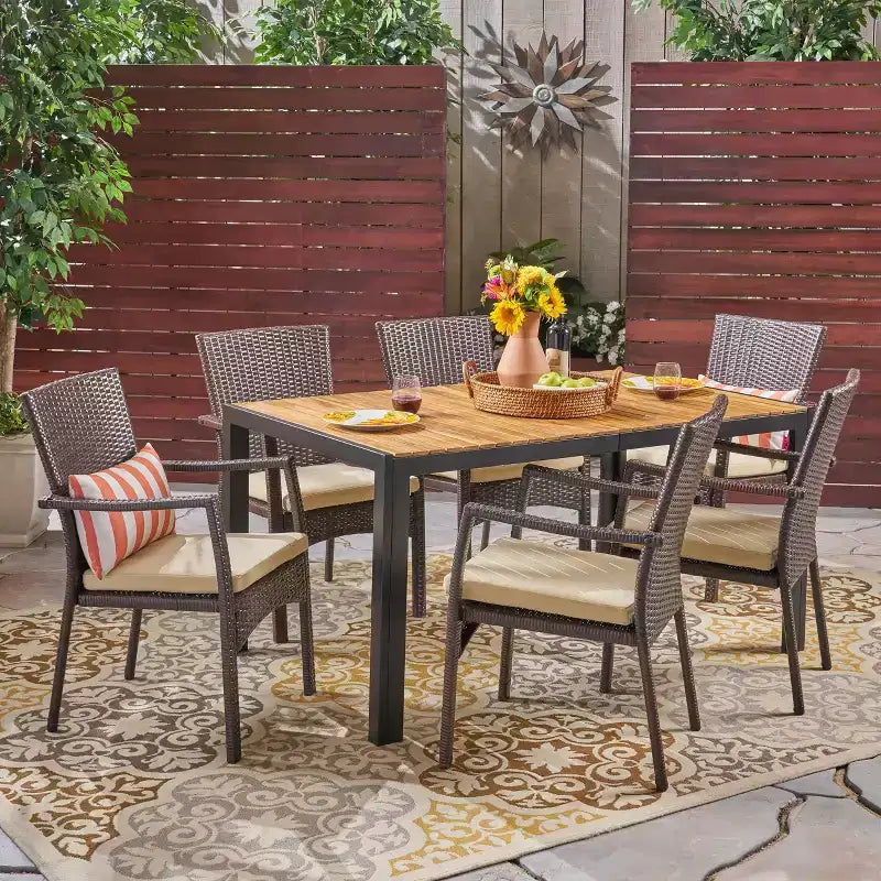 Christopher Knight Home Goodwin Outdoor Acacia Wood and Wicker 7 Piece Dining Set with Cushion, Teak/Brown