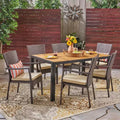 Christopher Knight Home Goodwin Outdoor Acacia Wood and Wicker 7 Piece Dining Set with Cushion, Teak/Brown