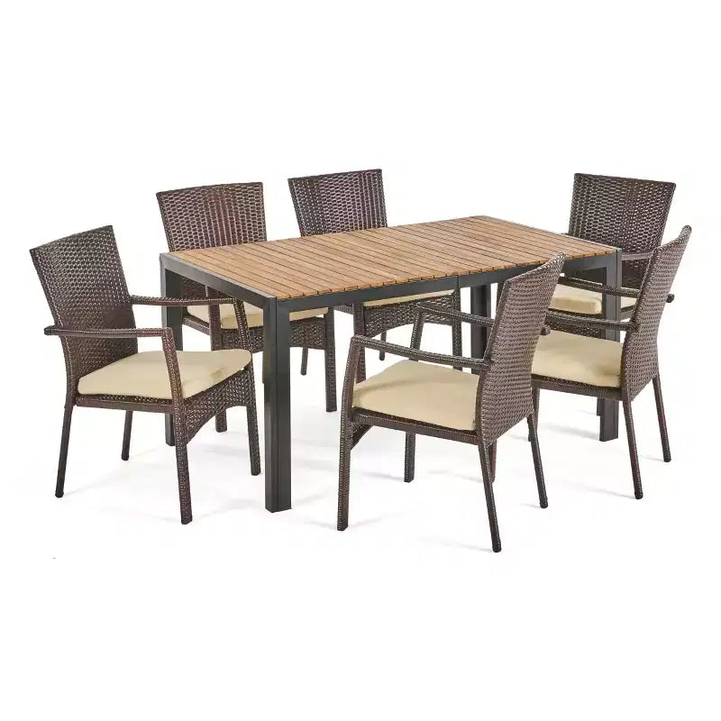 Ensemble de salle à manger d'extérieur 7 pièces Christopher Knight Home Goodwin en bois d'acacia et osier avec coussins, teck/marron