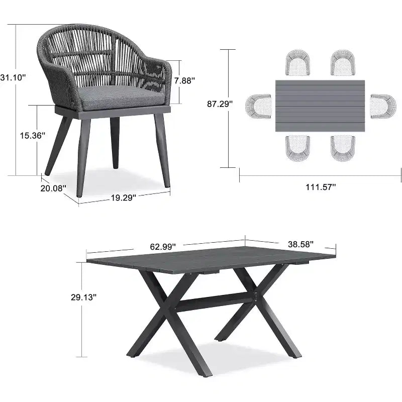 PURPLE LEAF Ensemble de salle à manger de patio avec table de salle à manger extérieure en aluminium et chaises en rotin tressé Ensemble de meubles modernes pour jardin, cour, décoration intérieure