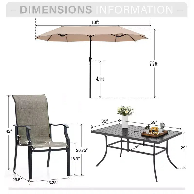 Captiva Designs - Ensemble de 8 pièces pour salle à manger d'extérieur, comprenant une table rectangulaire en acier, des chaises rembourrées avec assise en toile tendue et un parasol de marché.